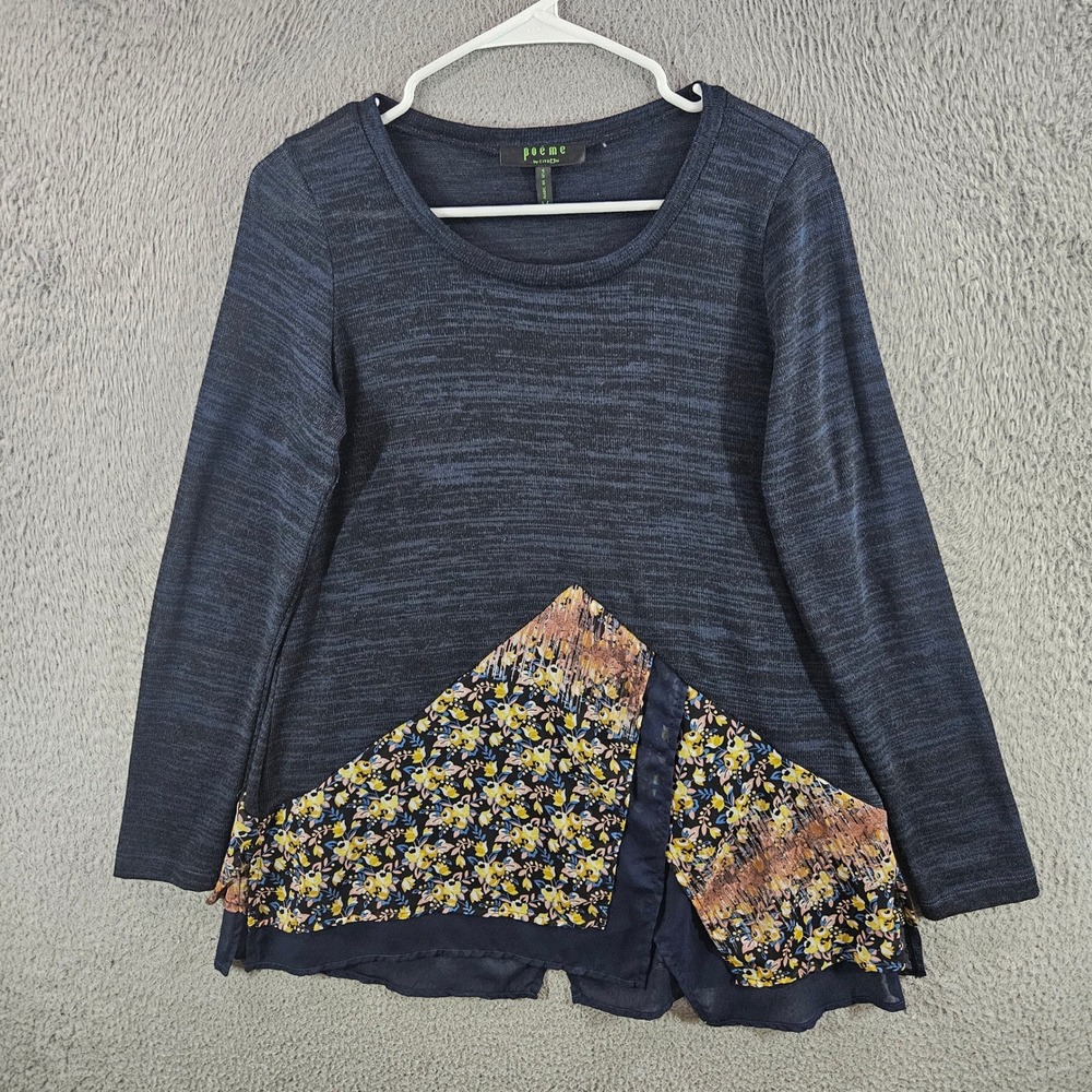 Poeme by Citron Womens Navy Space Dye Floral Mixed Media Hem Top M